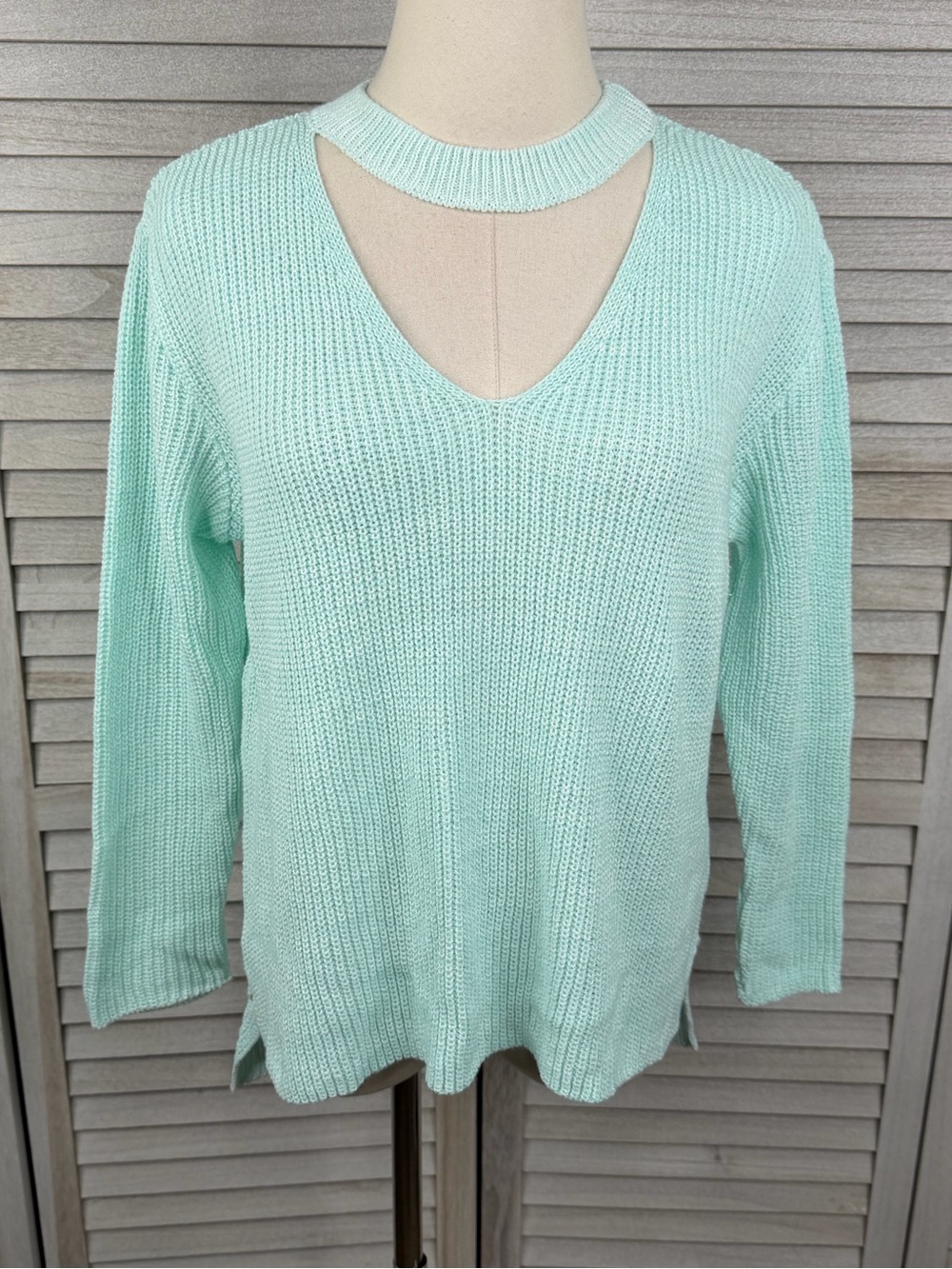 PRIMARK Women's Mint Green Choker V Neck Sweater-Small